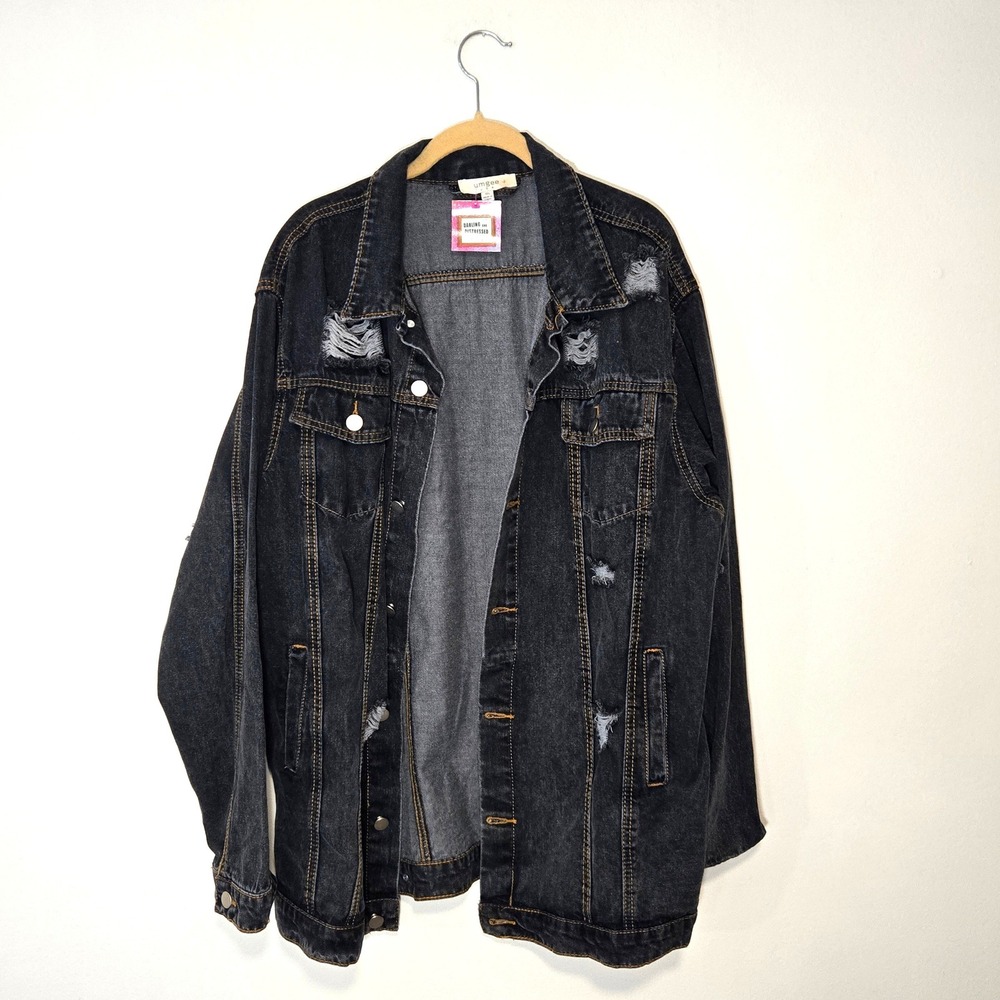 Umgee Distressed Denim Jacket Womens 1XL Black Oversized Ripped WC0628